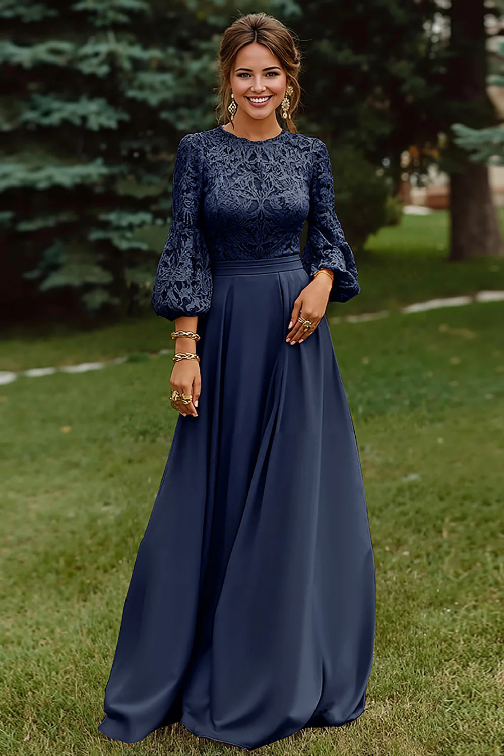 Elegant Fitted A-Line Round Neck Long Sleeve Back Zipper Floor-Length Mother of the Bride Dresses