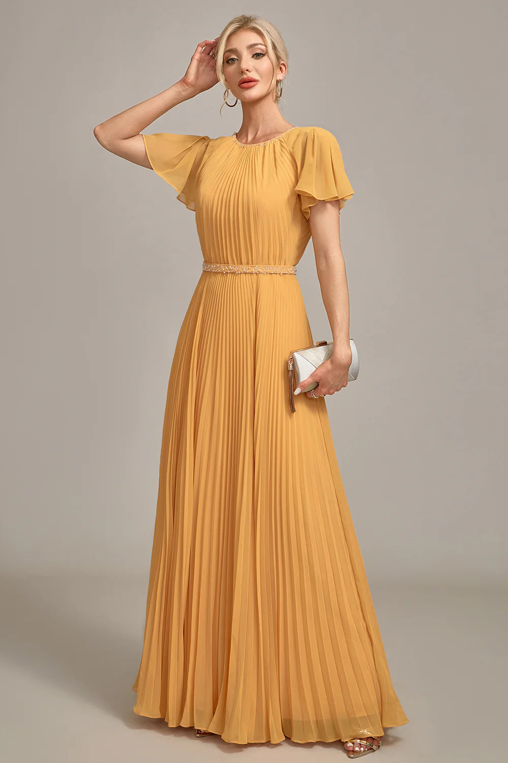 Elegant Fitted A-Line Round Neck Short Sleeve Back Zipper Floor-Length Mother of the Bride Dresses