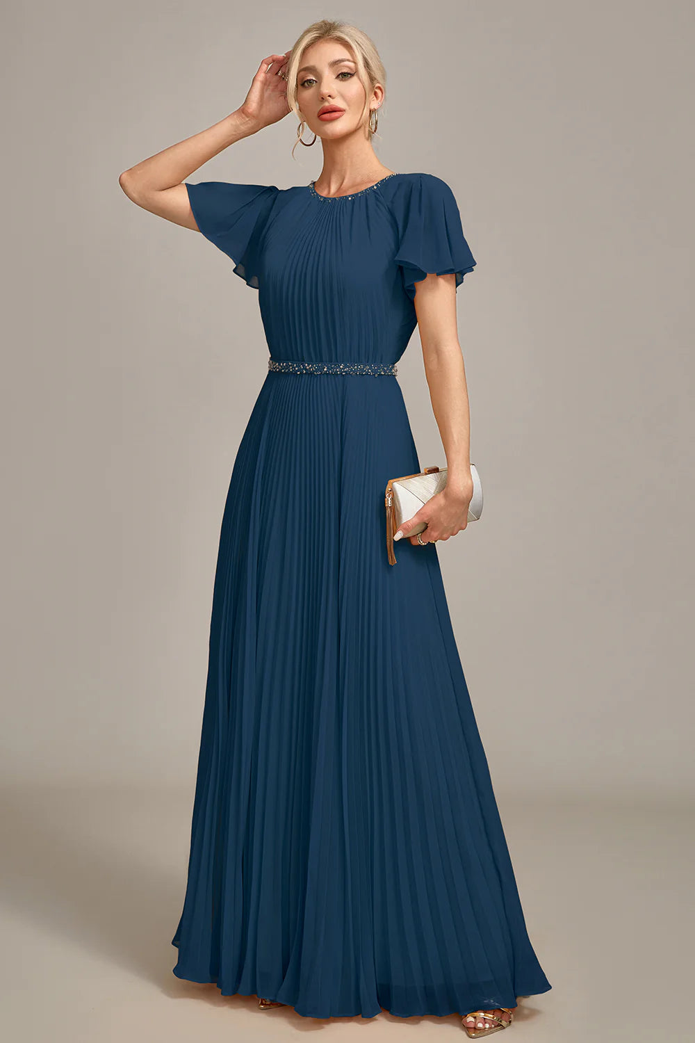 Elegant Fitted A-Line Round Neck Short Sleeve Back Zipper Floor-Length Mother of the Bride Dresses