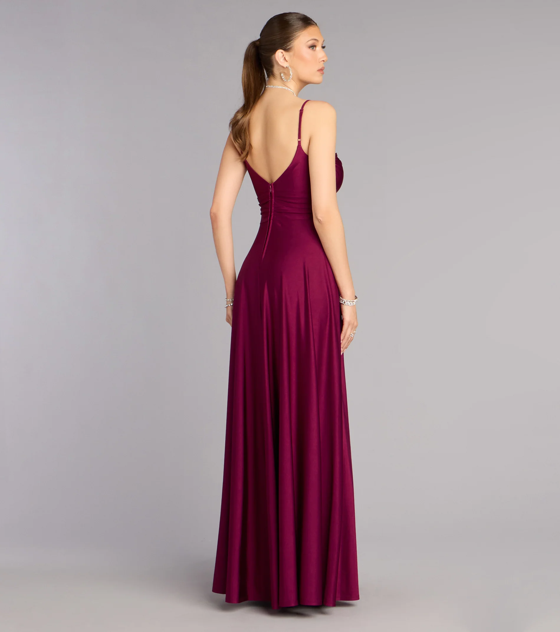 Elegant Fitted A-Line Sweetheart Neck Spaghetti Strap Ruched High Slit Prom Dresses
