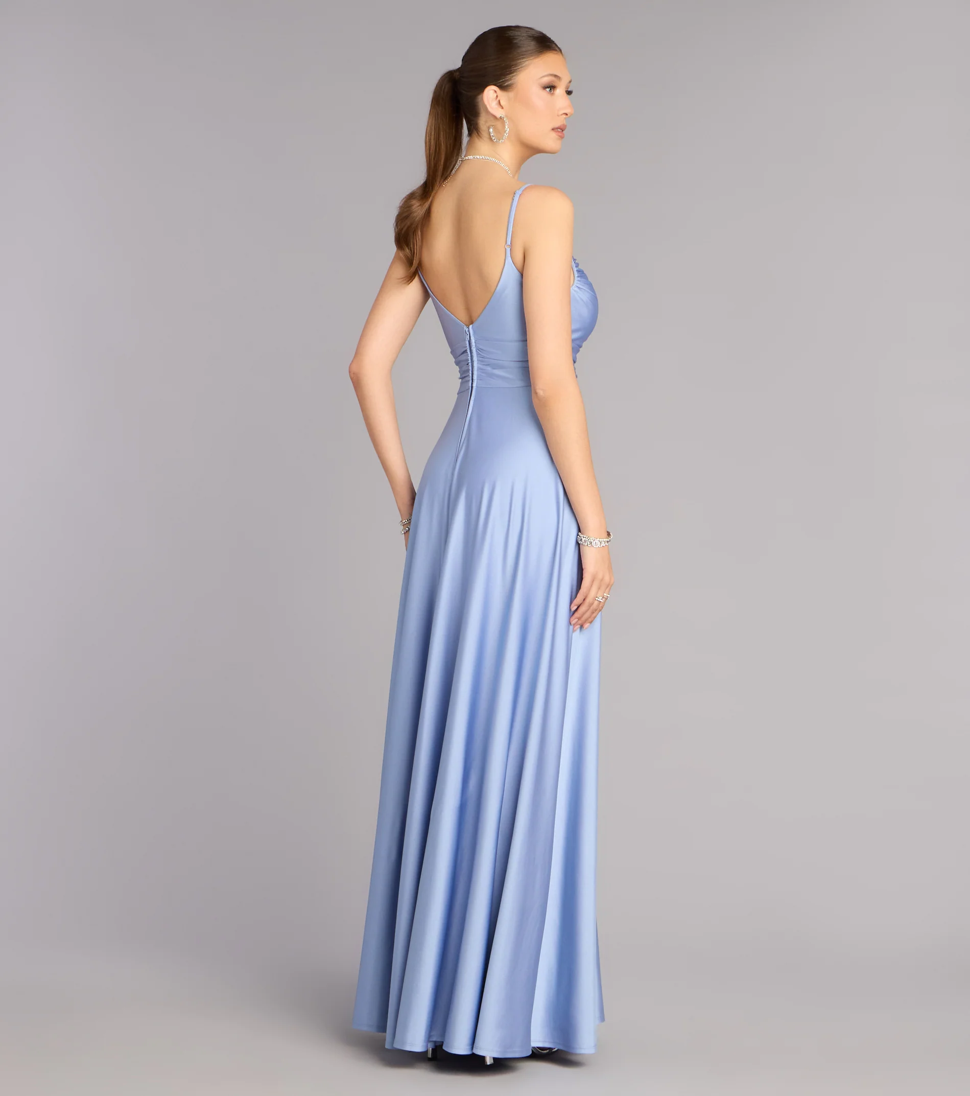 Elegant Fitted A-Line Sweetheart Neck Spaghetti Strap Ruched High Slit Prom Dresses