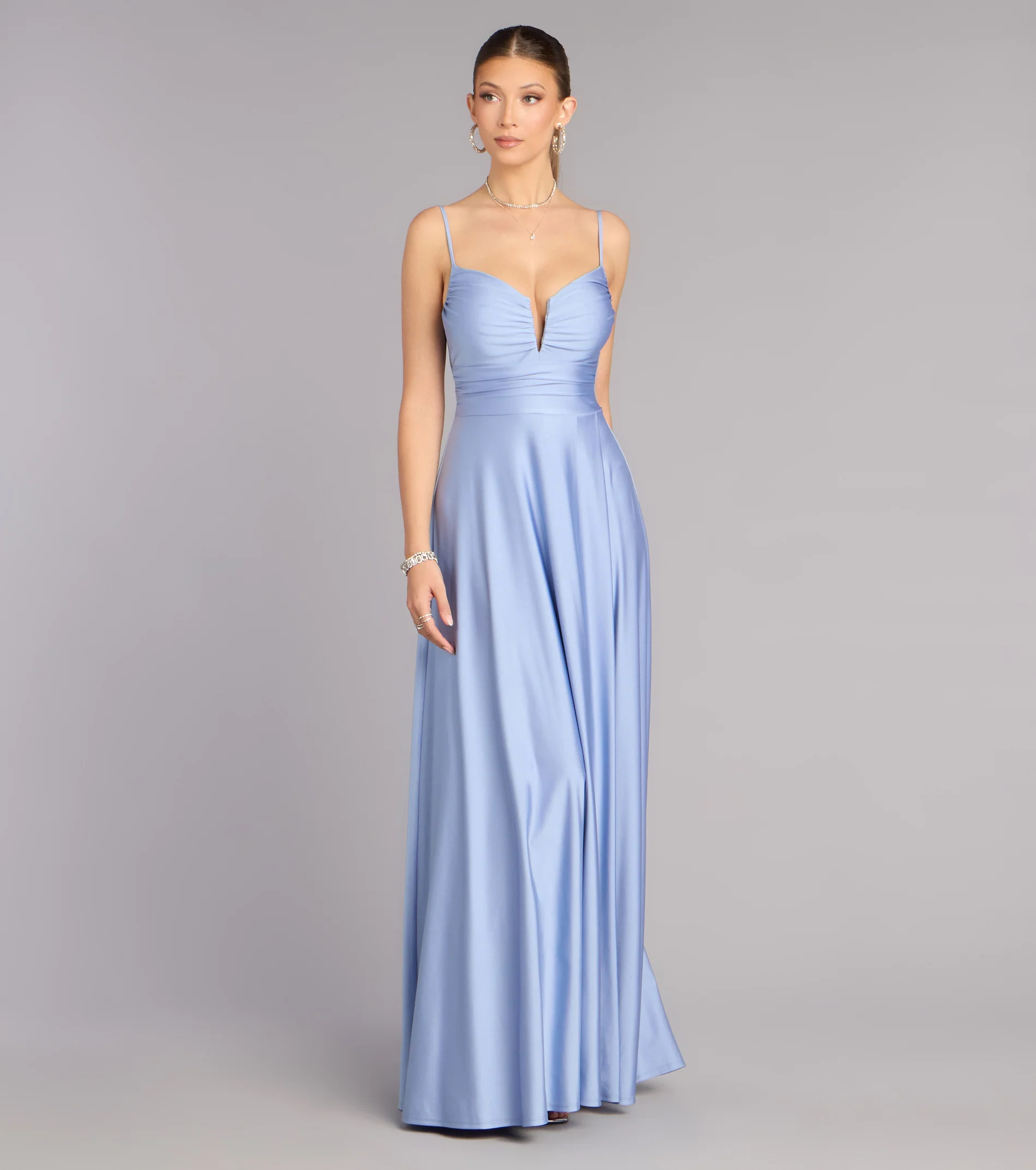 Elegant Fitted A-Line Sweetheart Neck Spaghetti Strap Ruched High Slit Prom Dresses