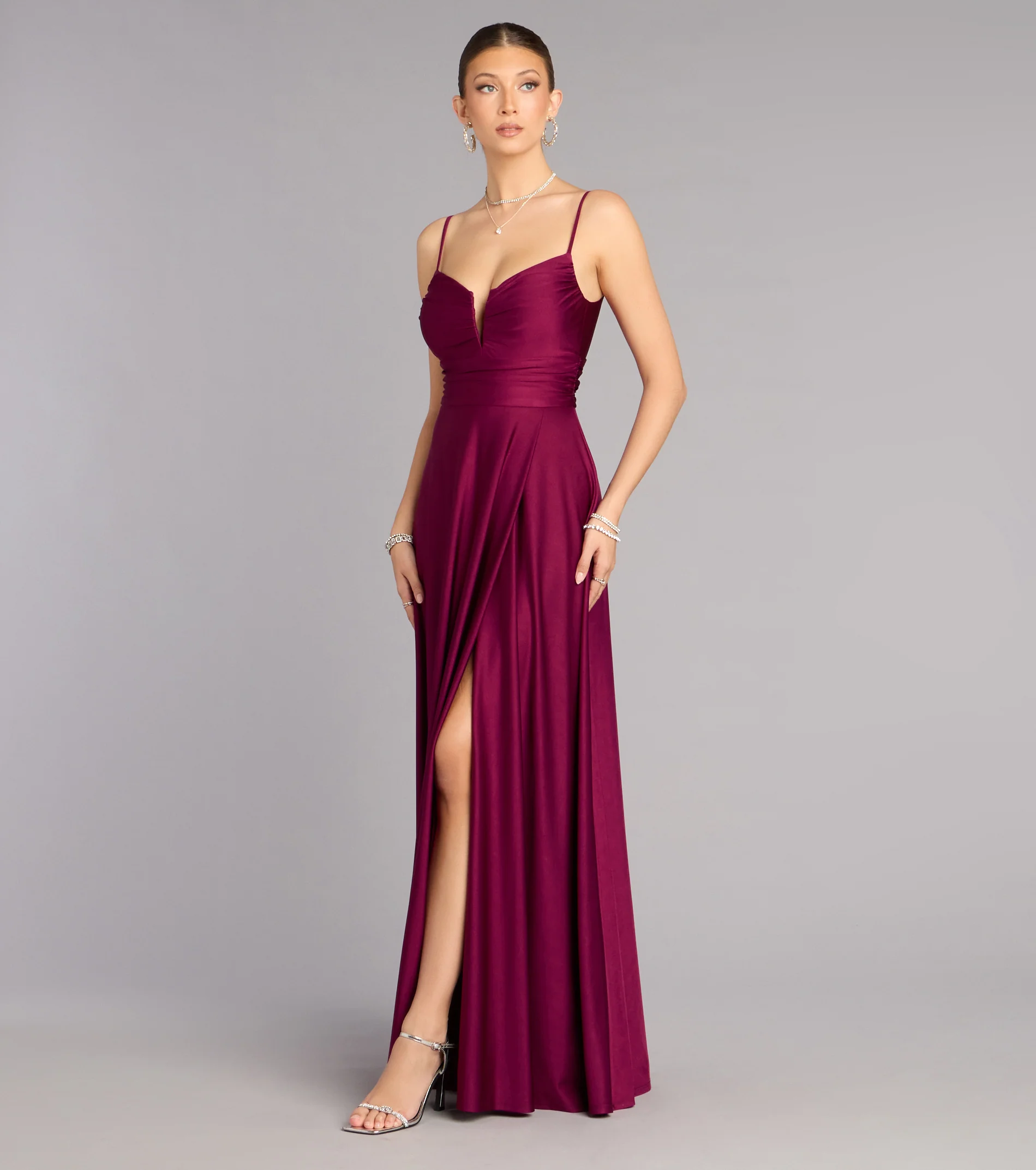 Elegant Fitted A-Line Sweetheart Neck Spaghetti Strap Ruched High Slit Prom Dresses