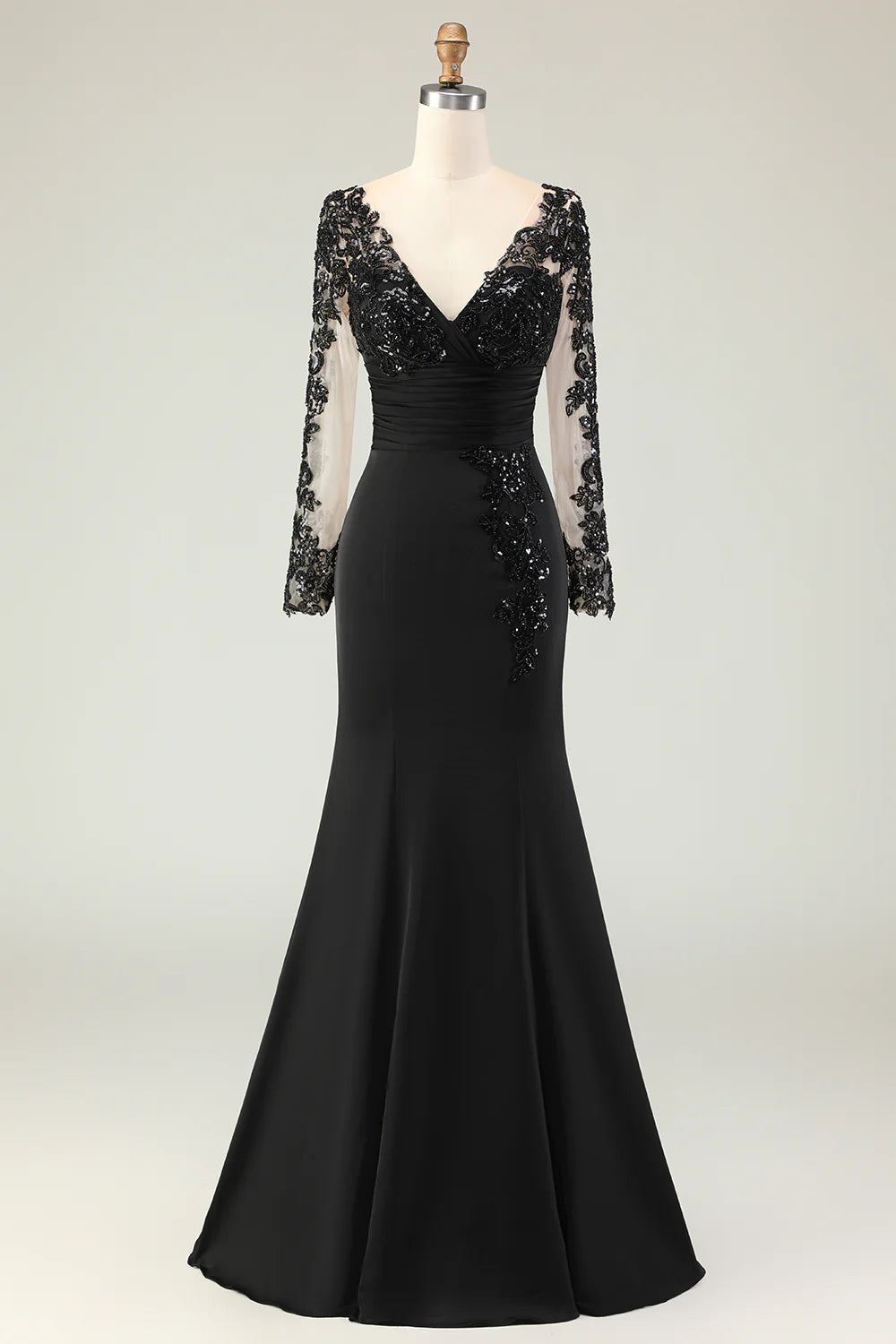 Elegant Fitted A-Line V-Neck Long Sleeve Back Zipper Floor-Length Mother of the Bride Dresses