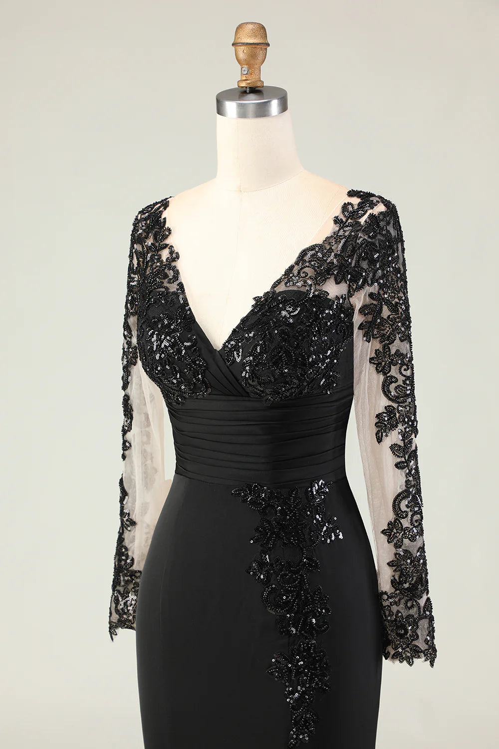 Elegant Fitted A-Line V-Neck Long Sleeve Back Zipper Floor-Length Mother of the Bride Dresses