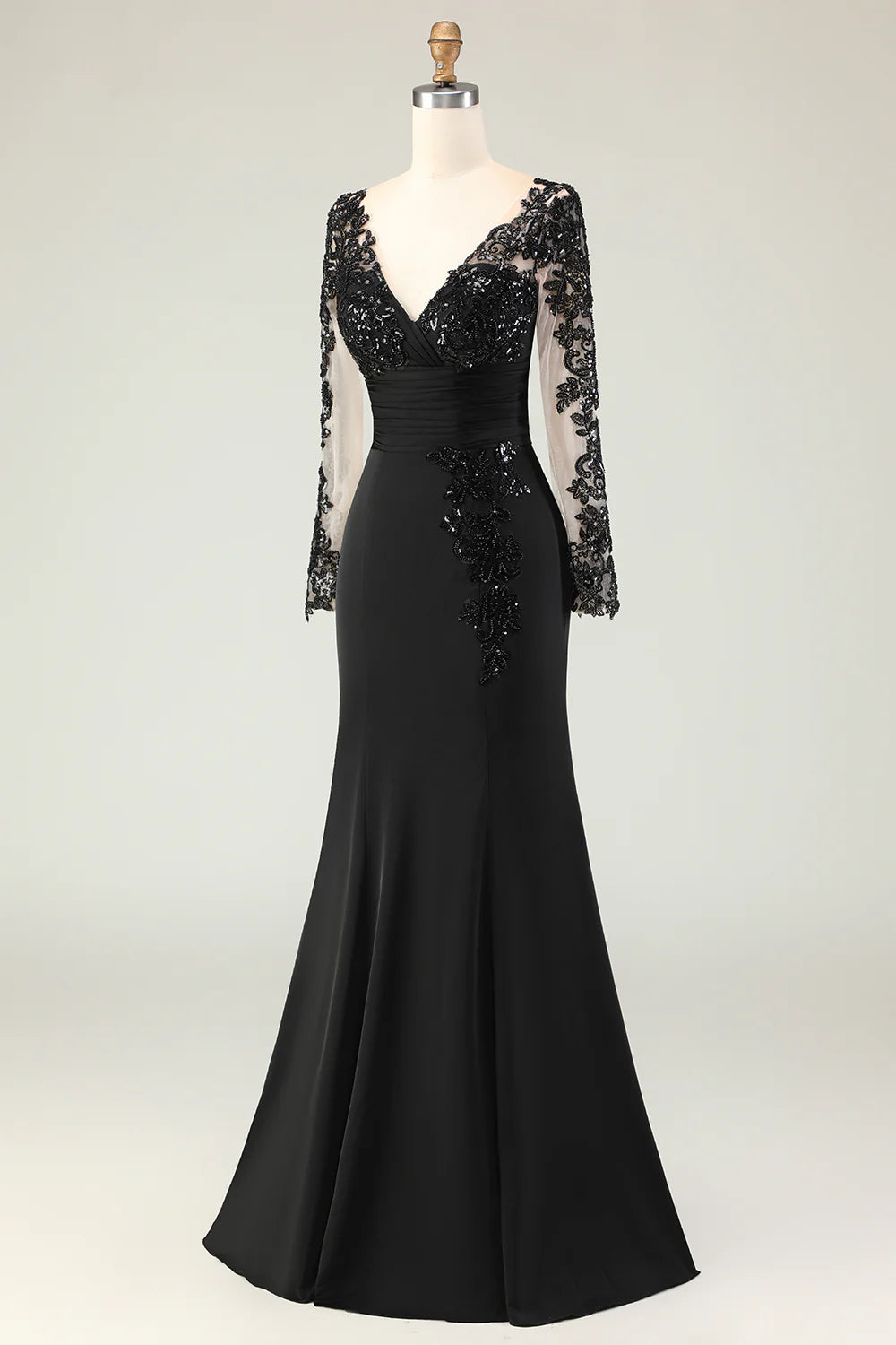 Elegant Fitted A-Line V-Neck Long Sleeve Back Zipper Floor-Length Mother of the Bride Dresses