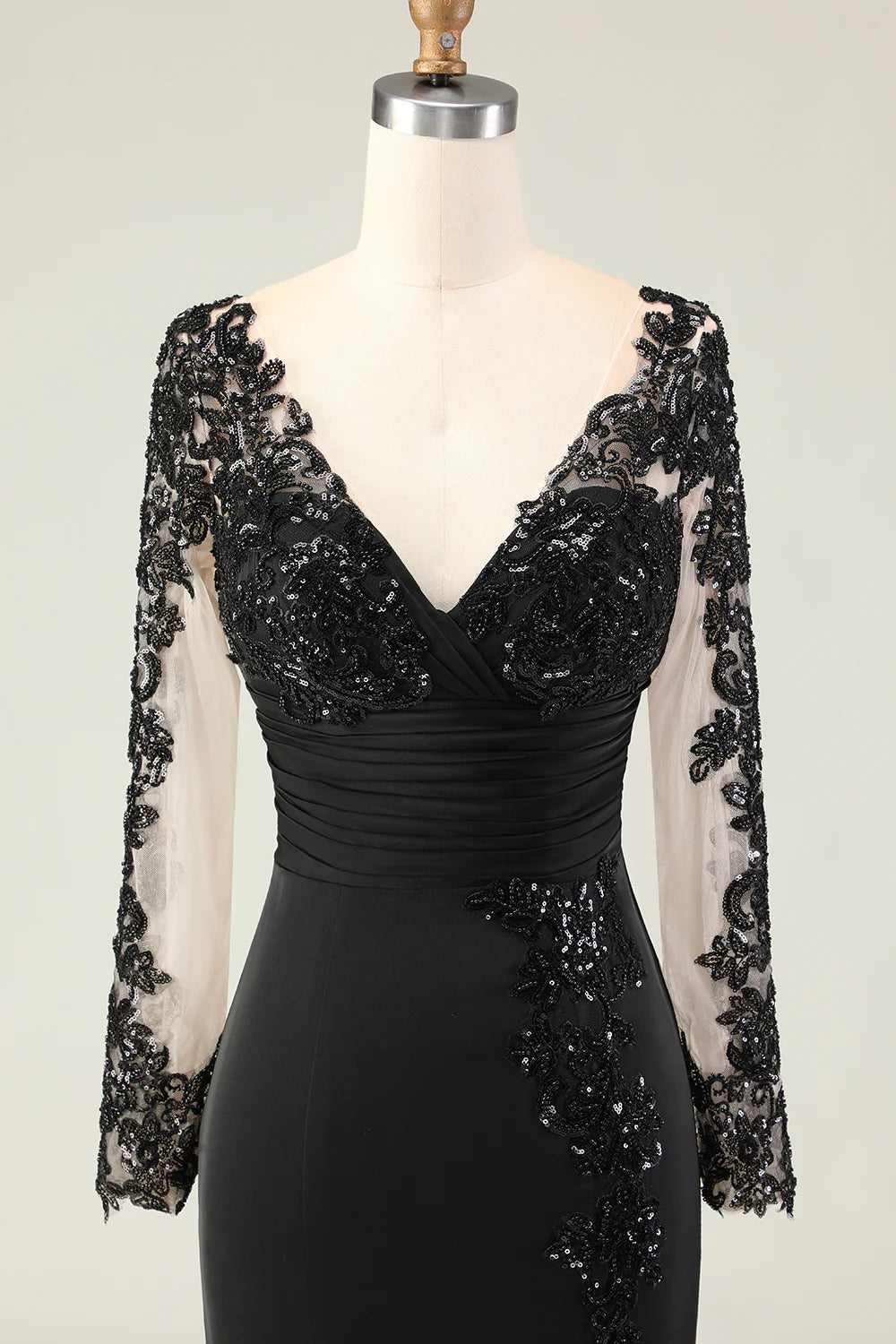 Elegant Fitted A-Line V-Neck Long Sleeve Back Zipper Floor-Length Mother of the Bride Dresses