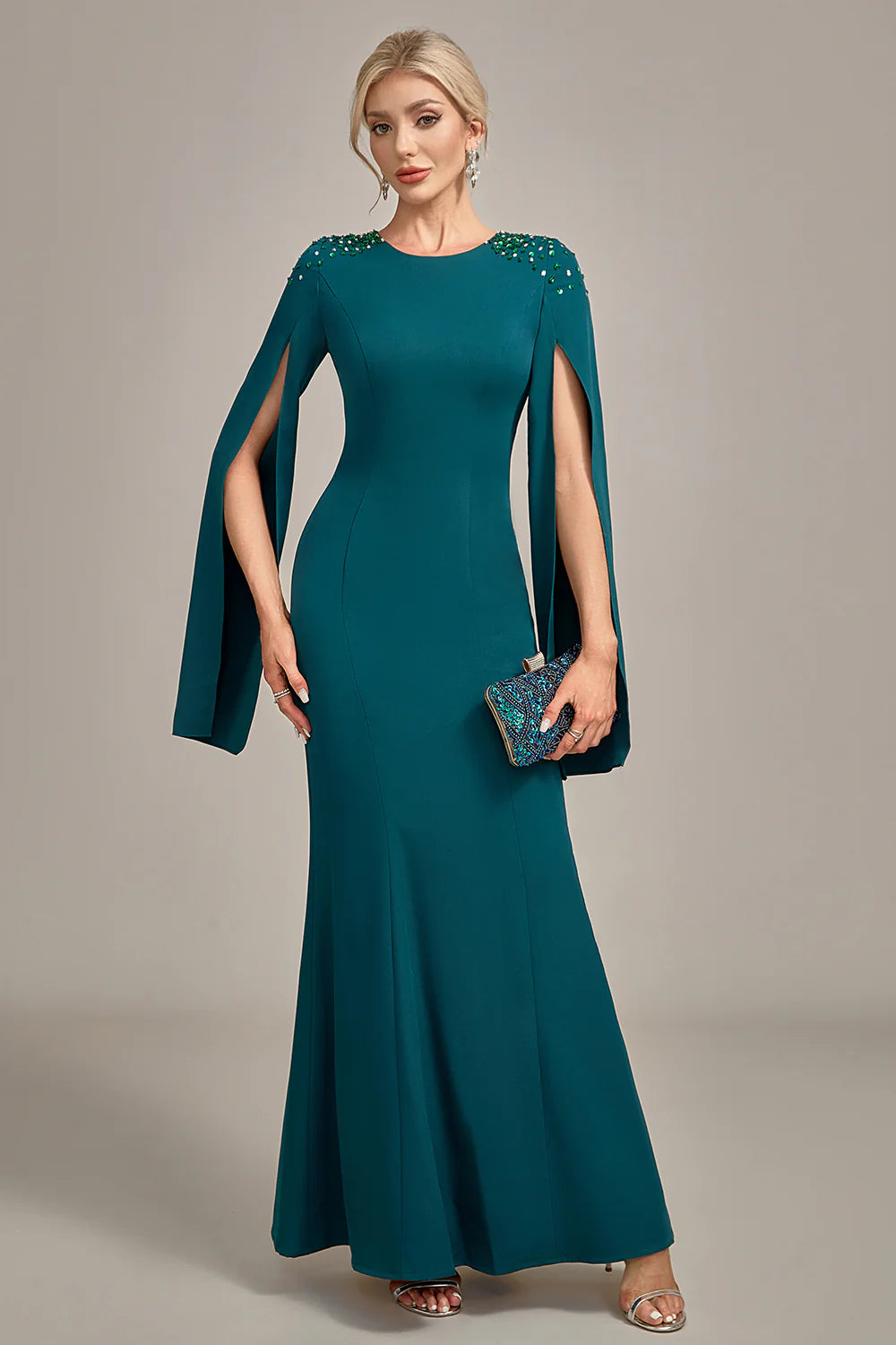 Elegant Fitted Mermaid Round Neck Long Sleeve Back Zipper Floor-Length Mother of the Bride Dresses