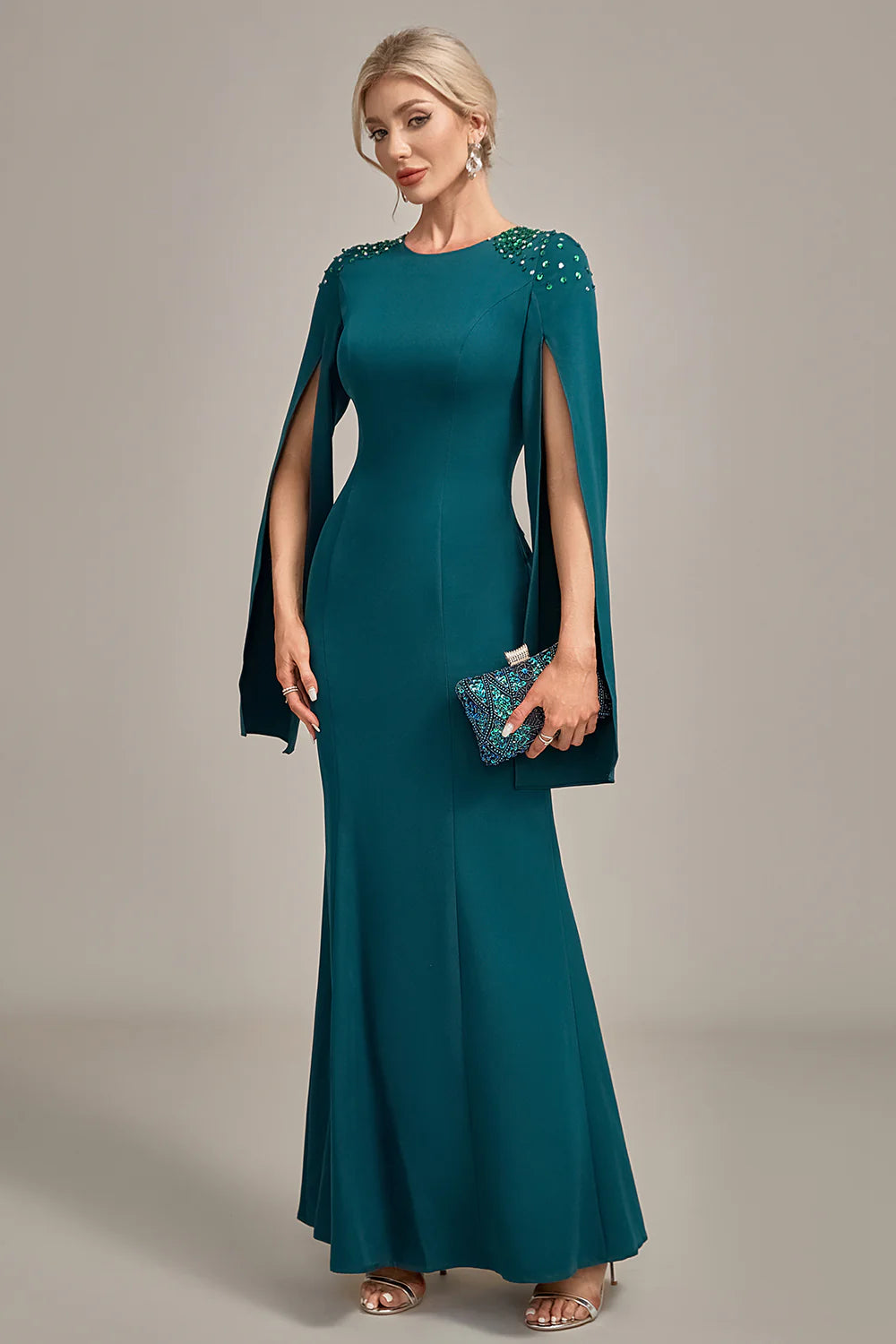 Elegant Fitted Mermaid Round Neck Long Sleeve Back Zipper Floor-Length Mother of the Bride Dresses