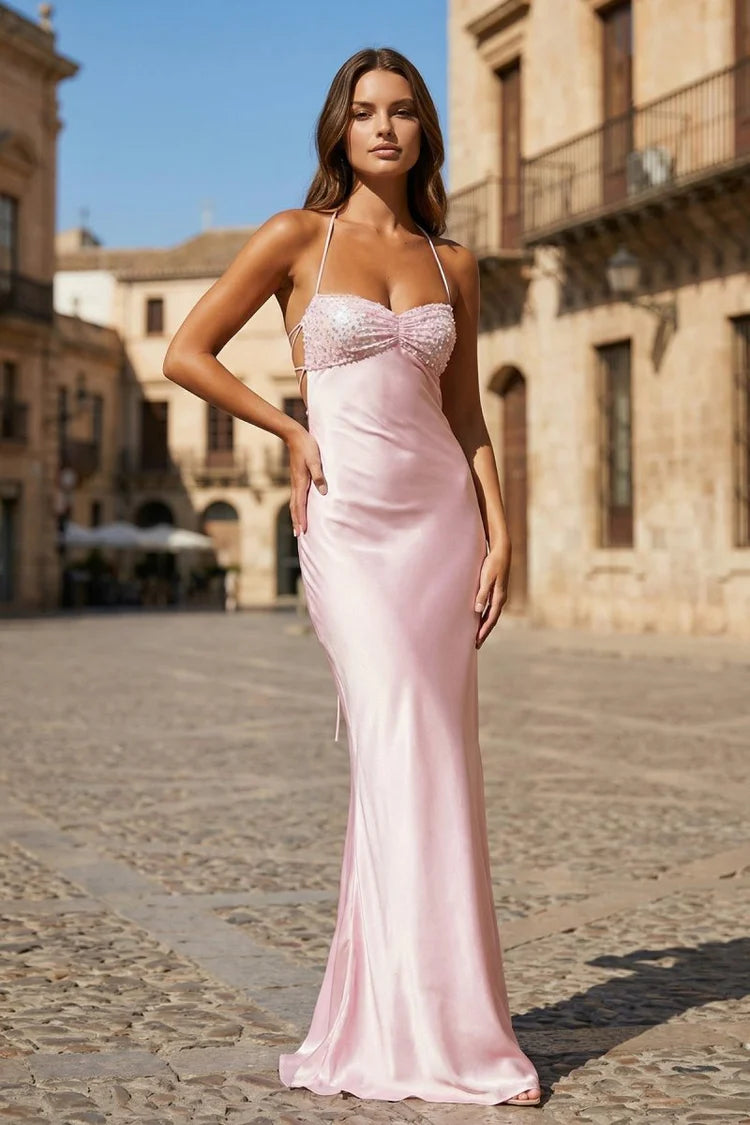 Elegant Fitted Mermaid Sweetheart Neck Halter Strap Lace-Up Back Floor-Length Prom Gown