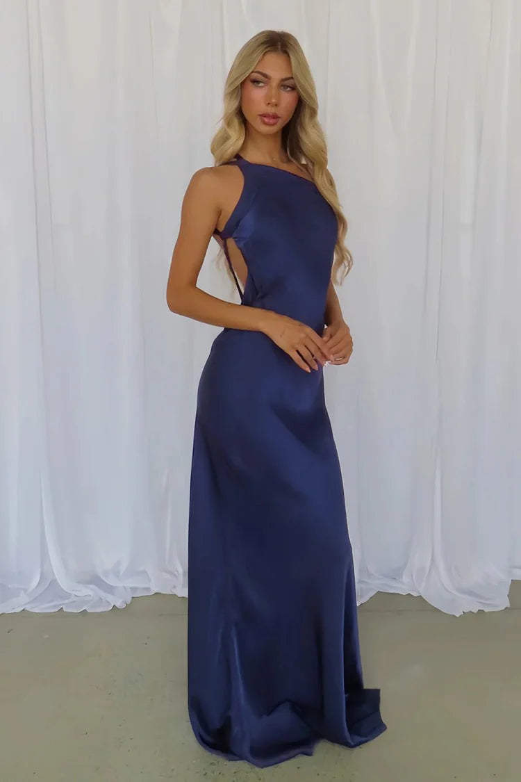 Elegant Fitted Sheath Asymmetrical Neck Sleeveless Open Back Floor-Length Prom Gown