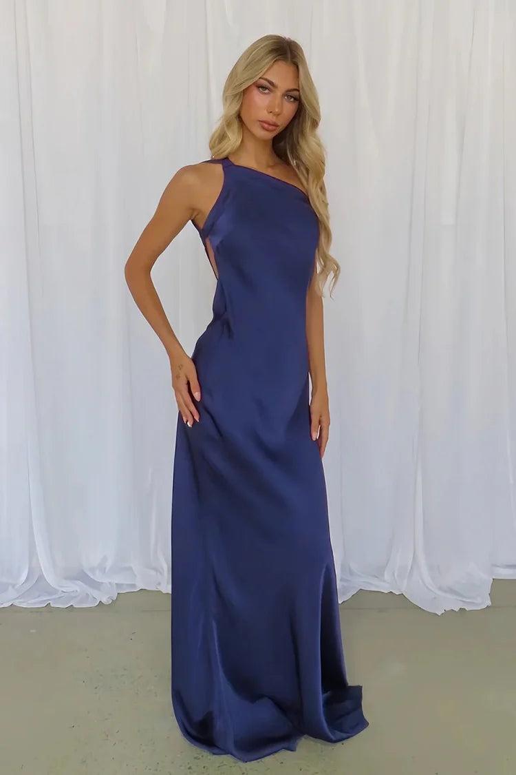 Elegant Fitted Sheath Asymmetrical Neck Sleeveless Open Back Floor-Length Prom Gown