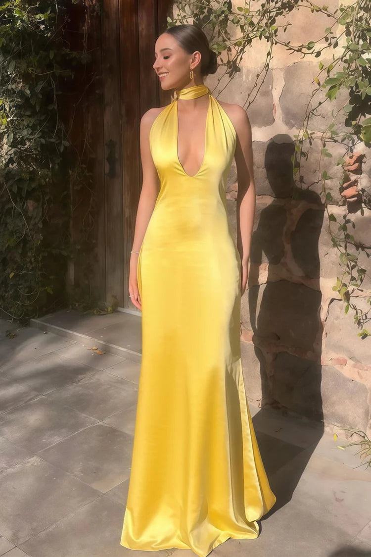 Elegant Fitted Sheath Halter Neck Sleeveless Open Back Floor-Length Prom Gown
