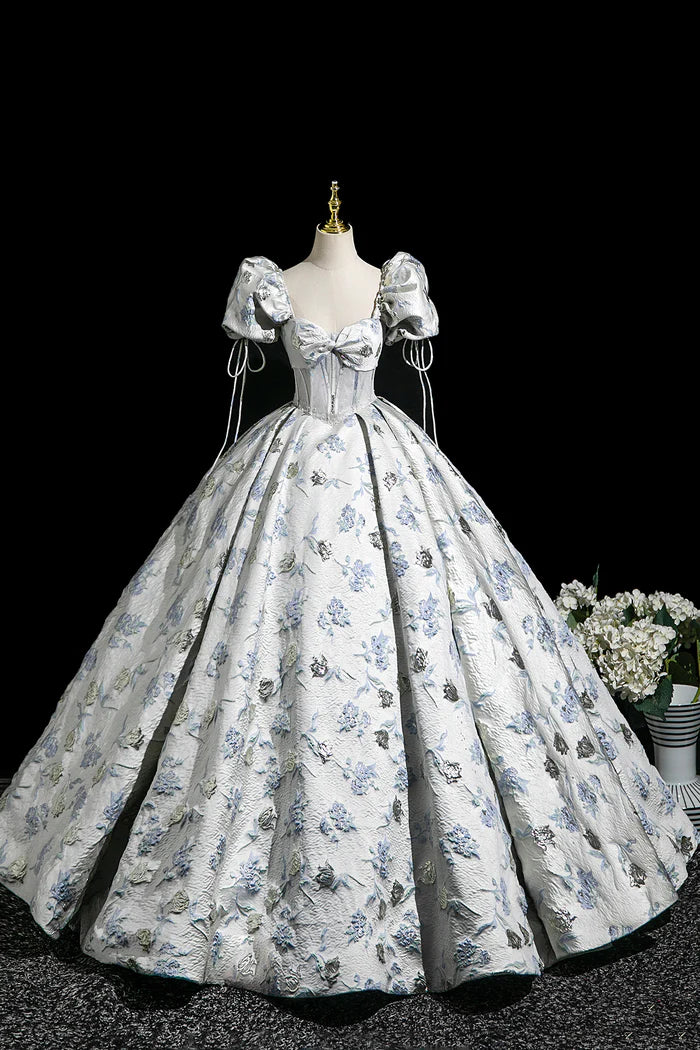 Elegant Floral Pattern Floor Length Prom Dress, A-Line Short Sleeve Party Dress