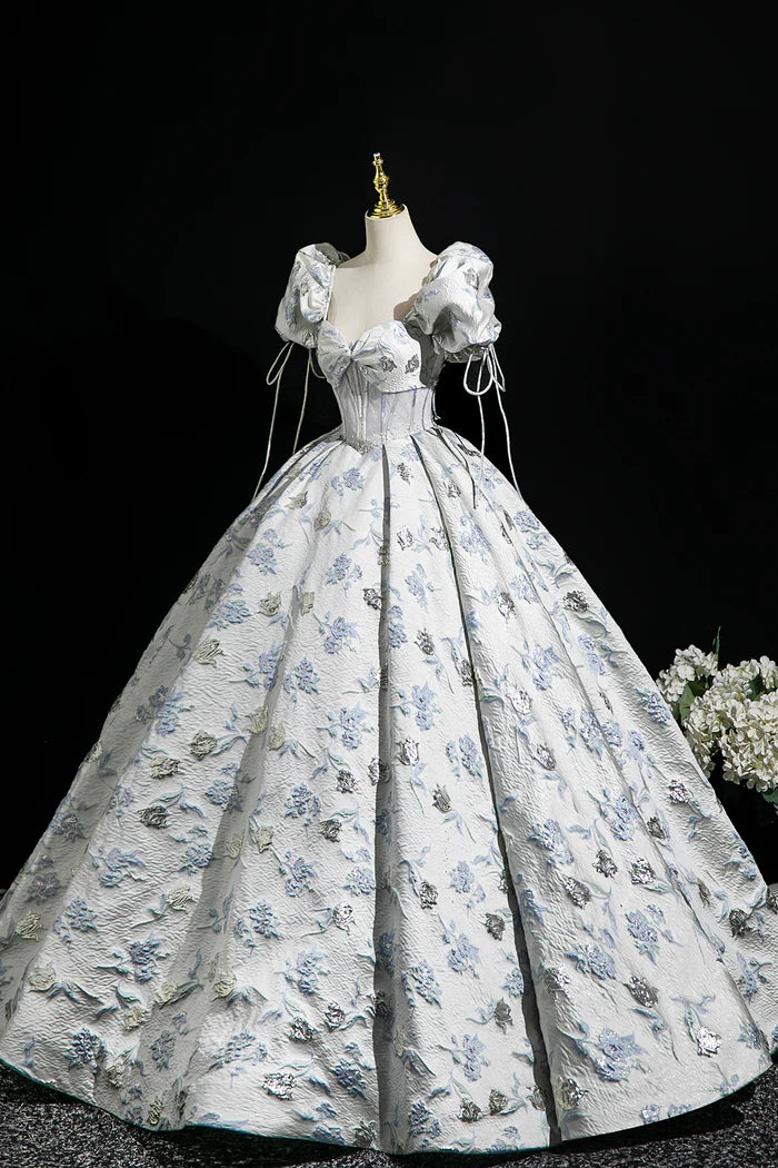 Elegant Floral Pattern Floor Length Prom Dress, A-Line Short Sleeve Party Dress