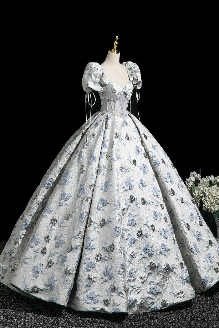 Elegant Floral Pattern Floor Length Prom Dress, A-Line Short Sleeve Party Dress