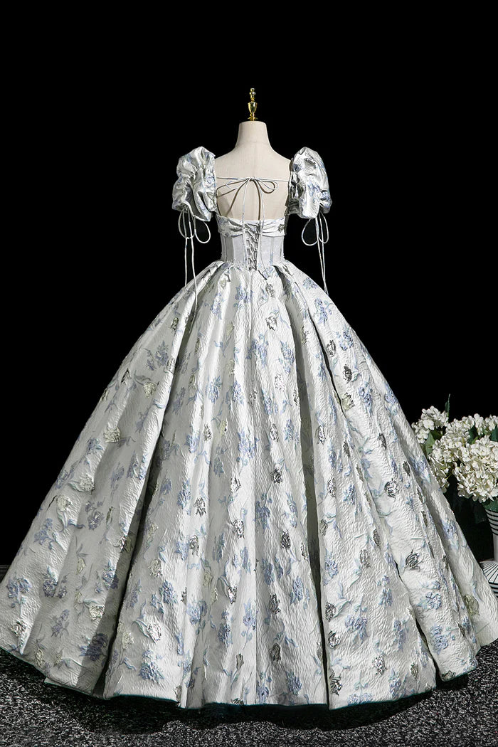 Elegant Floral Pattern Floor Length Prom Dress, A-Line Short Sleeve Party Dress