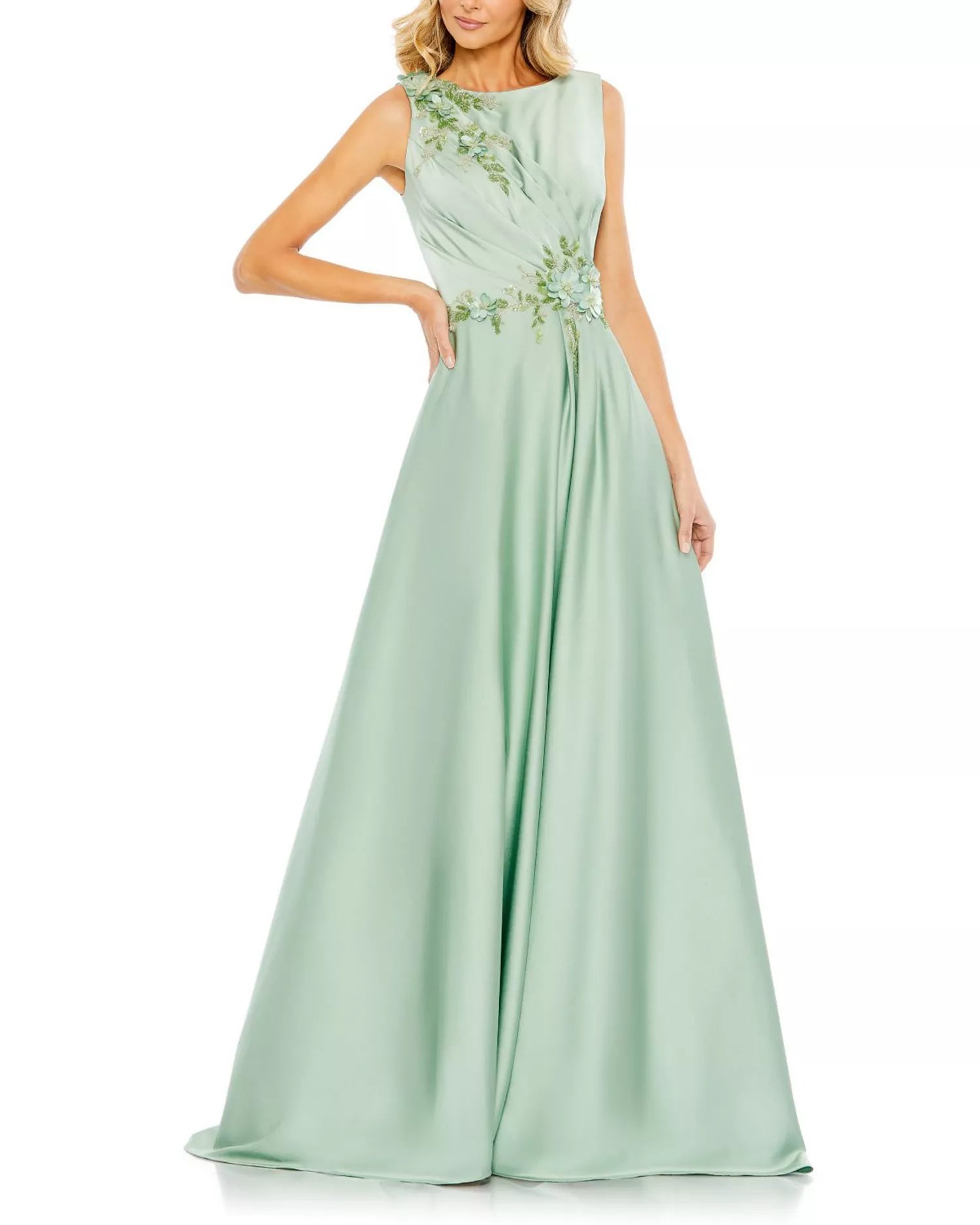 Elegant Flowy A-Line Boat Neck Sleeveless 3D Floral Appliqué Maxi Mother of the Bride Dress