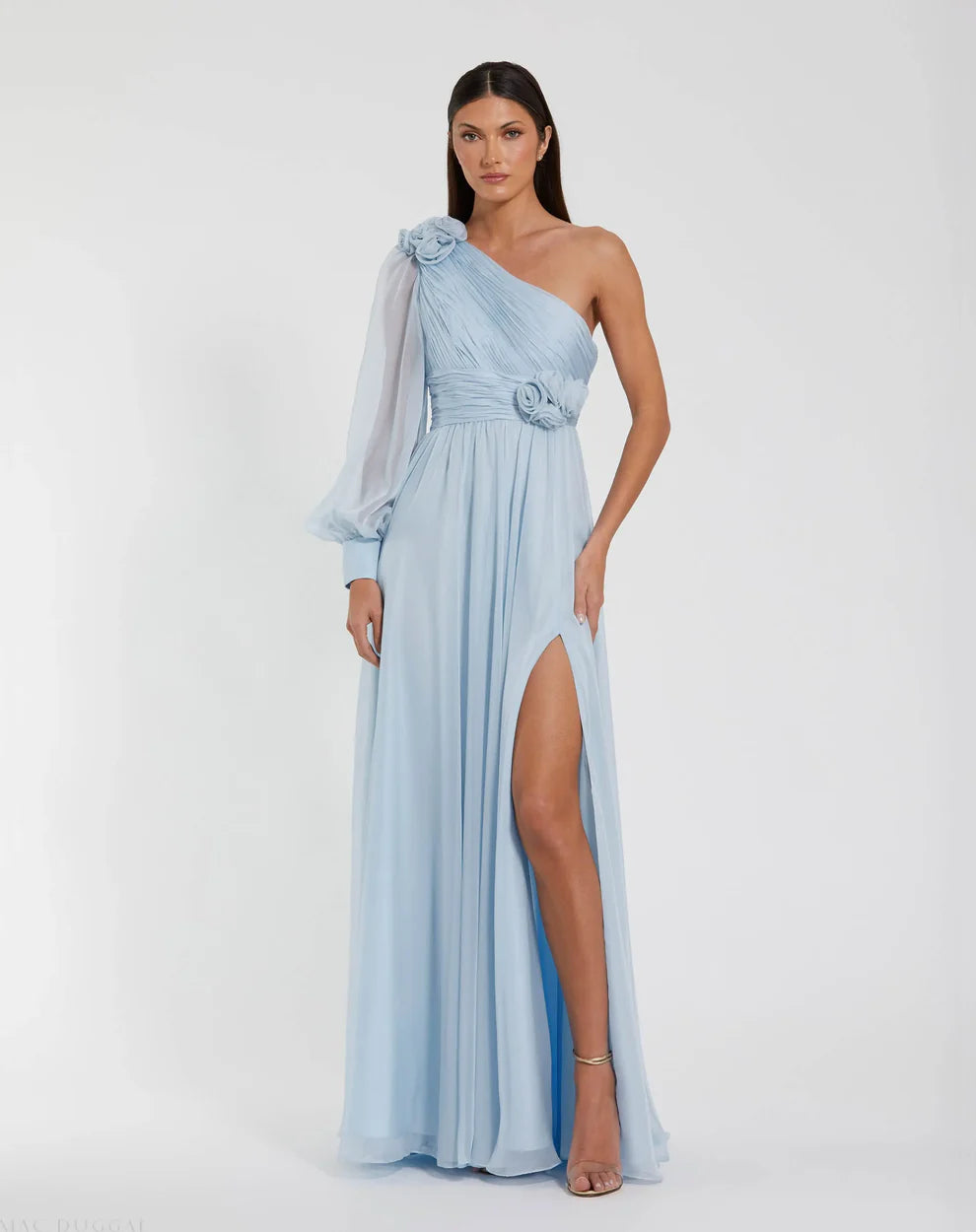 Elegant Flowy A-Line One-Shoulder Puff Sleeve Open Back Slit Maxi Evening Dress