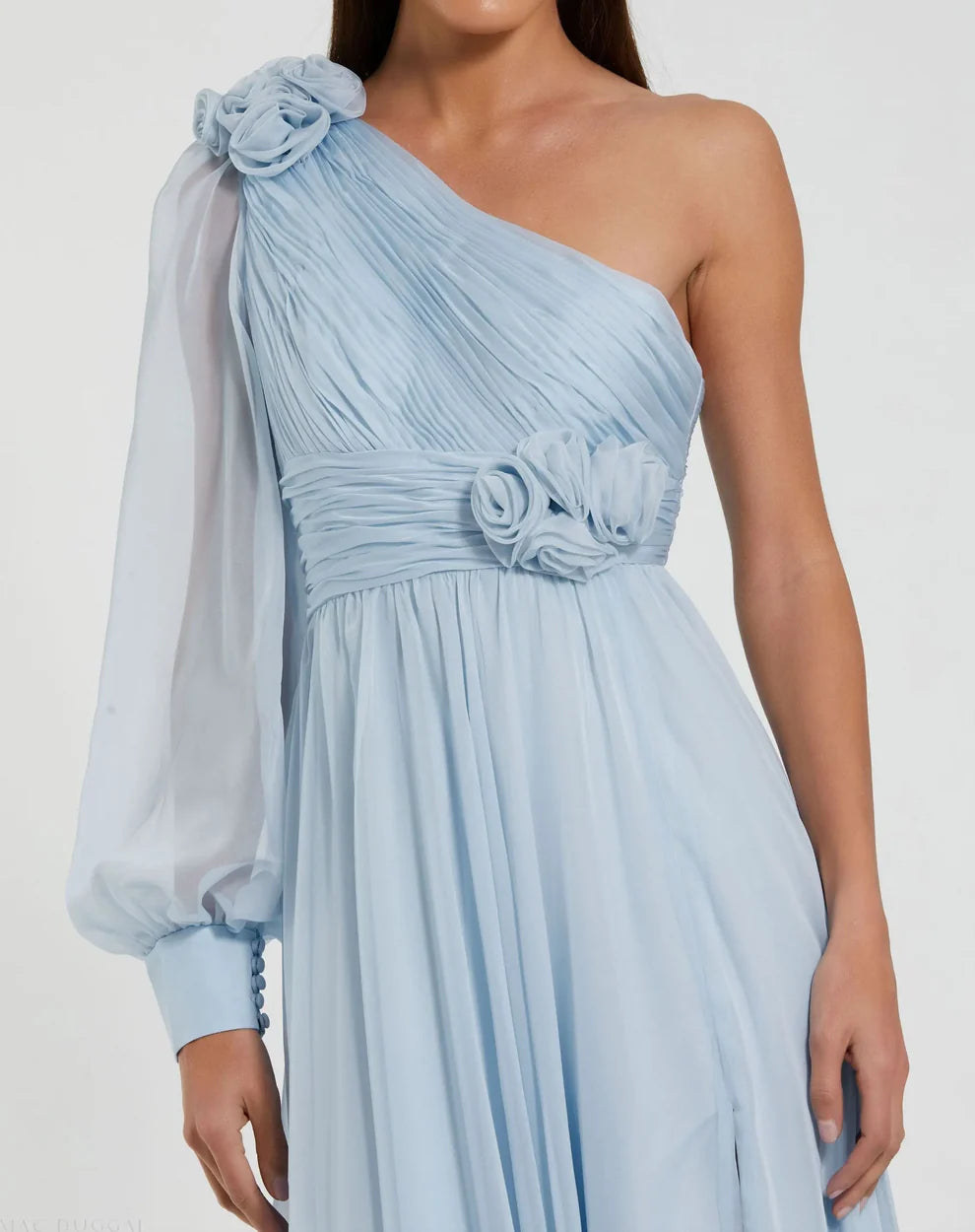 Elegant Flowy A-Line One-Shoulder Puff Sleeve Open Back Slit Maxi Evening Dress