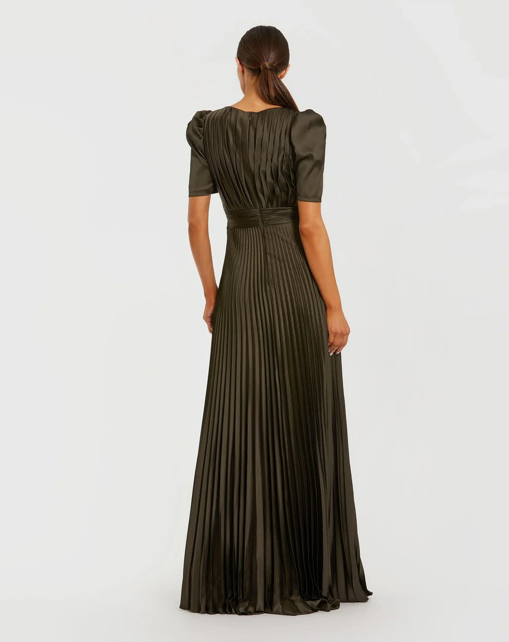 Elegant Flowy A-Line Round Neck Puff Short Sleeve Ruched Back Maxi Formal Evening Dress