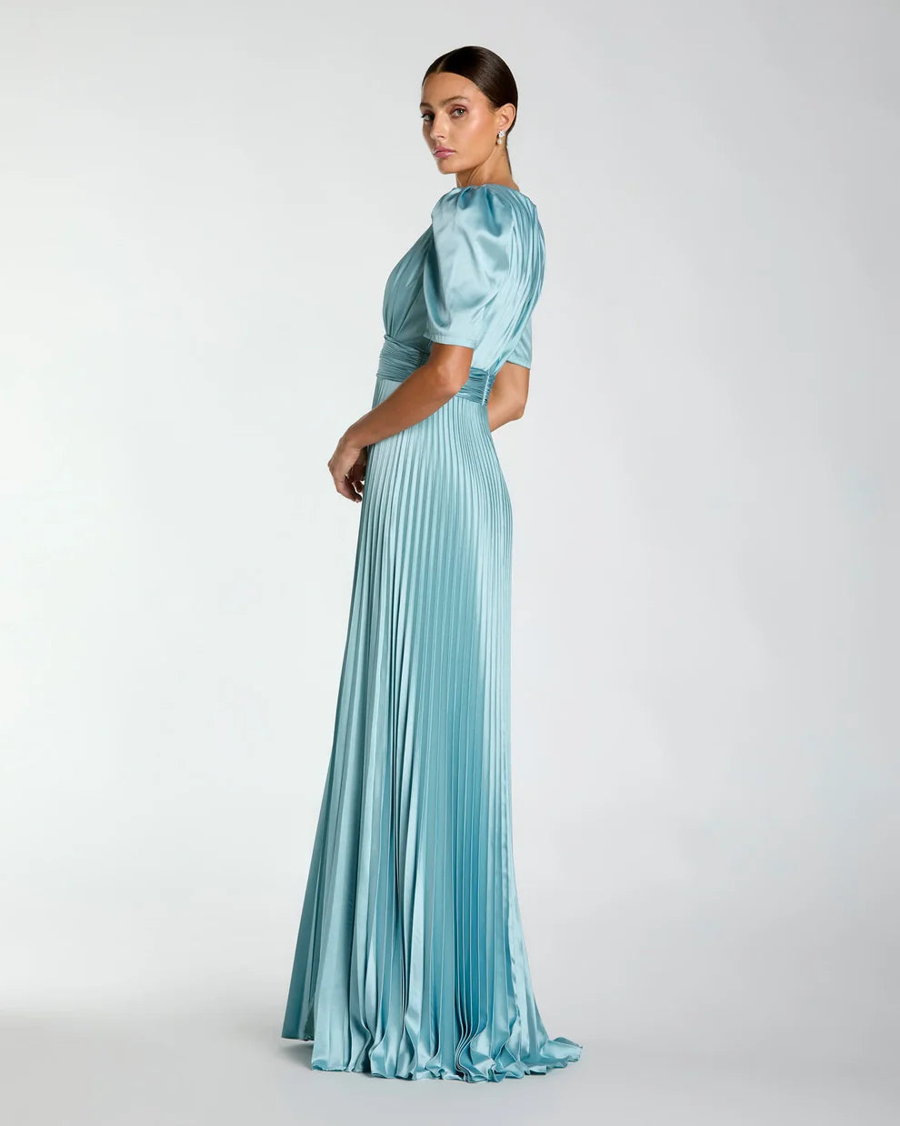 Elegant Flowy A-Line Round Neck Puff Short Sleeve Ruched Back Maxi Formal Evening Dress