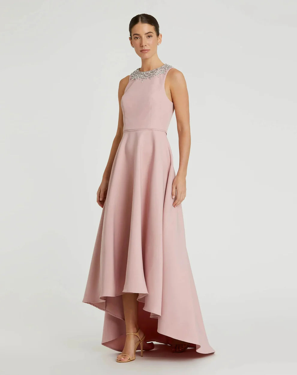 Elegant Flowy A-Line Silhouette High Neck Sleeveless Crystal Embellished High-Low Maxi Evening Dress
