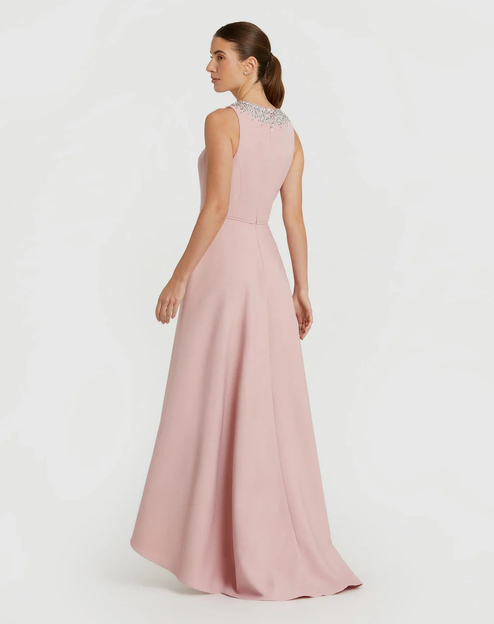 Elegant Flowy A-Line Silhouette High Neck Sleeveless Crystal Embellished High-Low Maxi Evening Dress