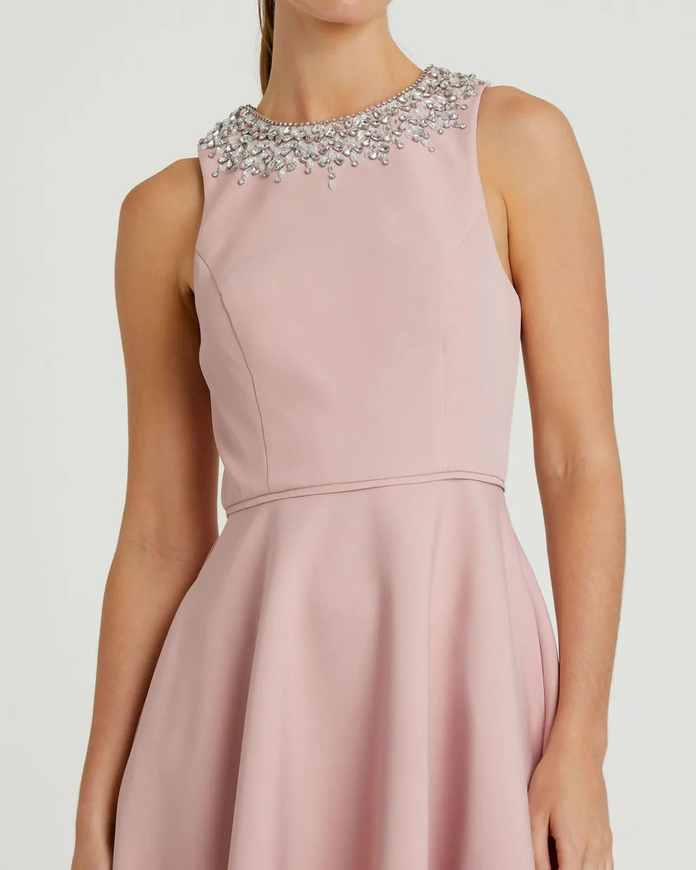 Elegant Flowy A-Line Silhouette High Neck Sleeveless Crystal Embellished High-Low Maxi Evening Dress