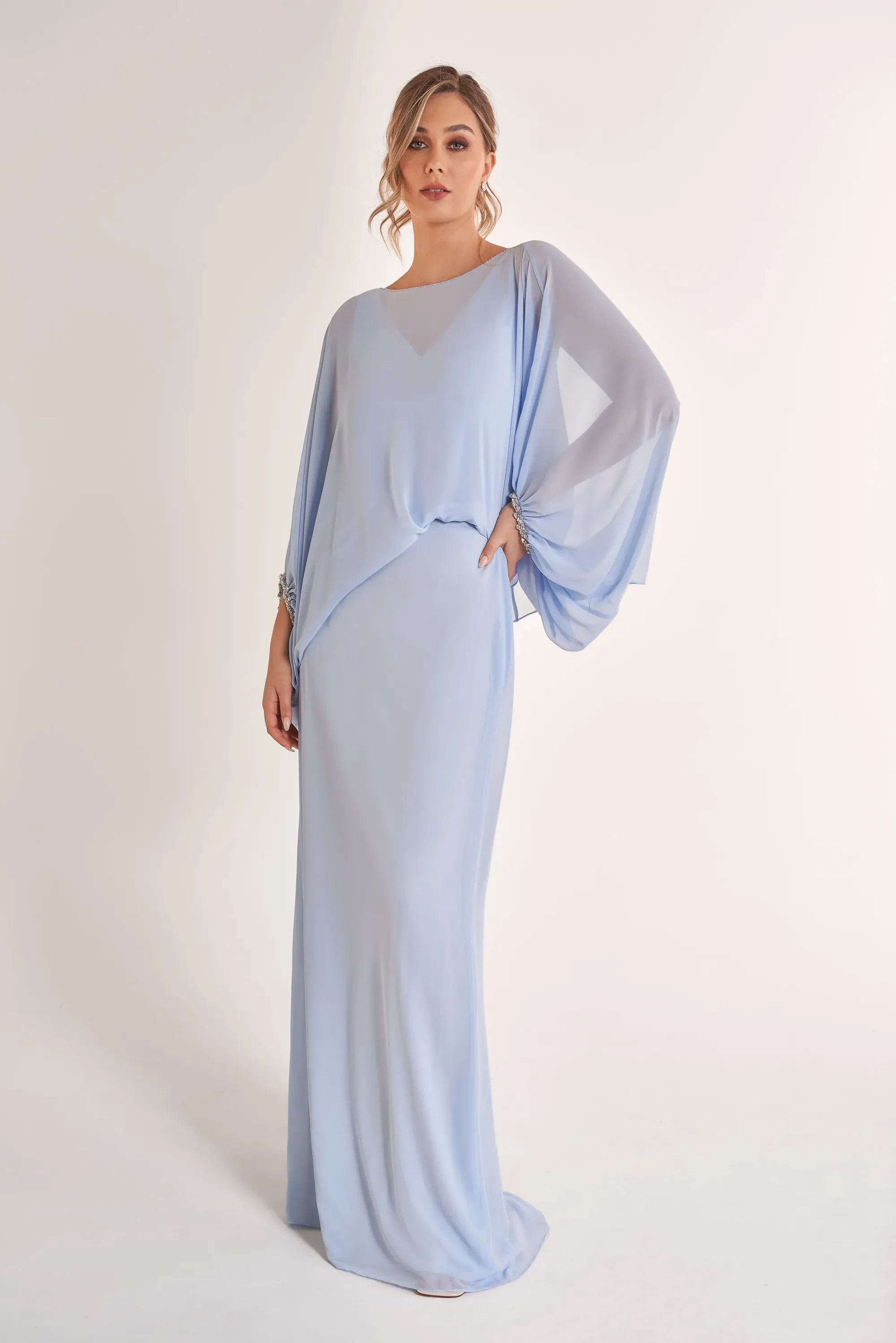 Elegant Flowy Column Round Neck Dolman Sleeve Crystal Cuff Floor-Length Chiffon Mother of the Bride Dresses