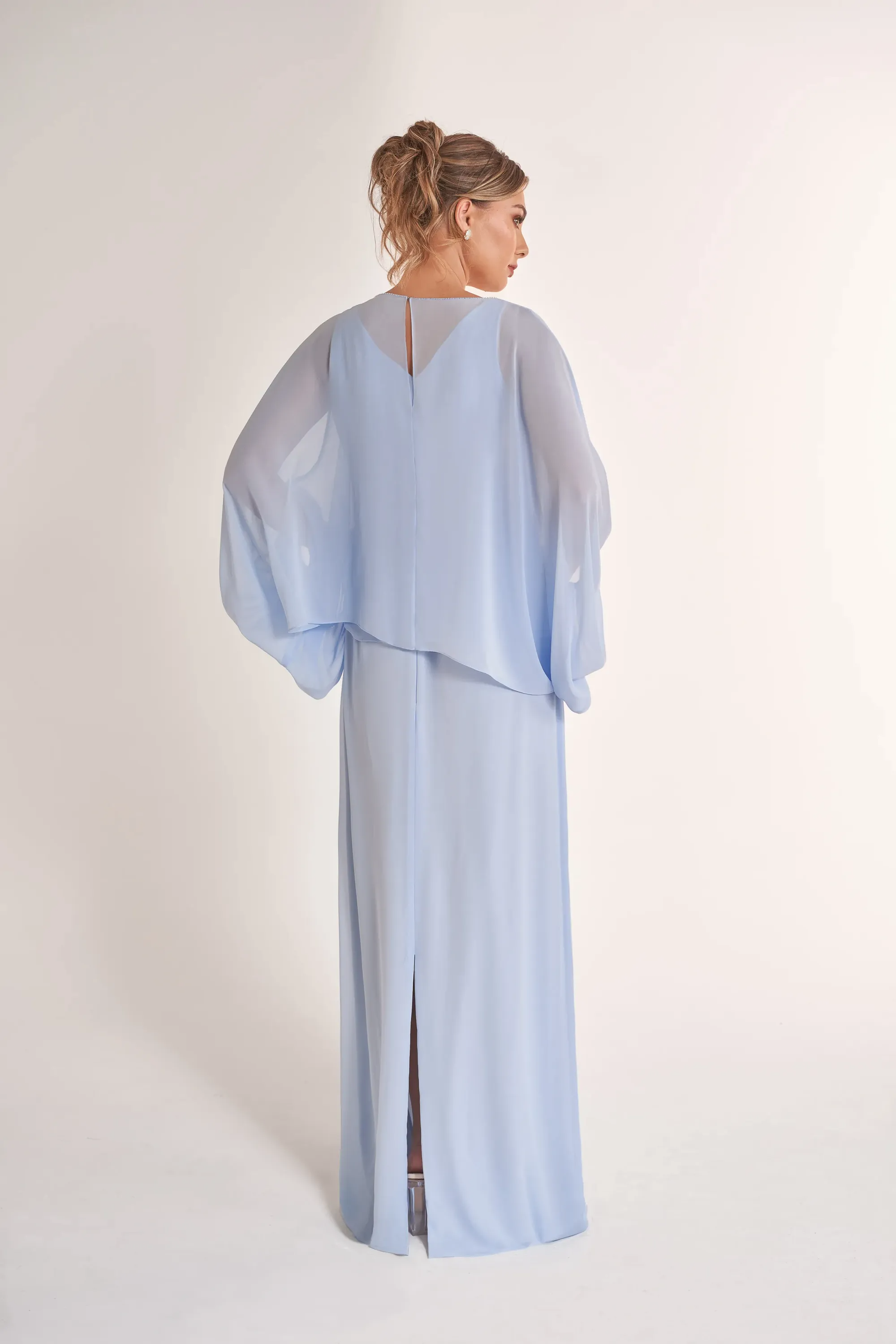Elegant Flowy Column Round Neck Dolman Sleeve Crystal Cuff Floor-Length Chiffon Mother of the Bride Dresses