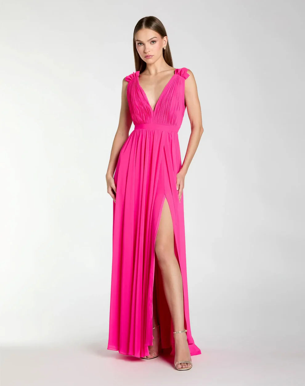 Elegant Flowy Deep V-Neck Ruffle Strap Open Back Chiffon Maxi Formal Evening Dress