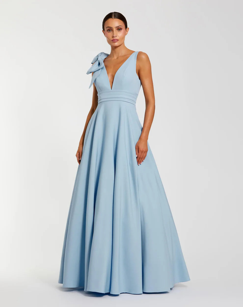 Elegant Voluminous V-Neck Bow Strap Open Back Pocketed Maxi Formal Evening Dress