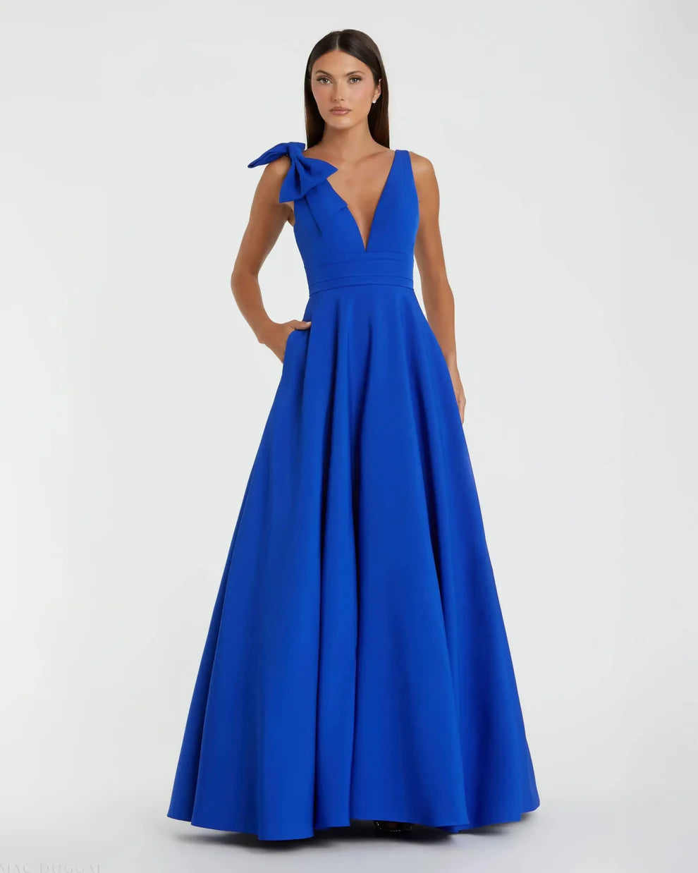 Elegant Voluminous V-Neck Bow Strap Open Back Pocketed Maxi Formal Evening Dress