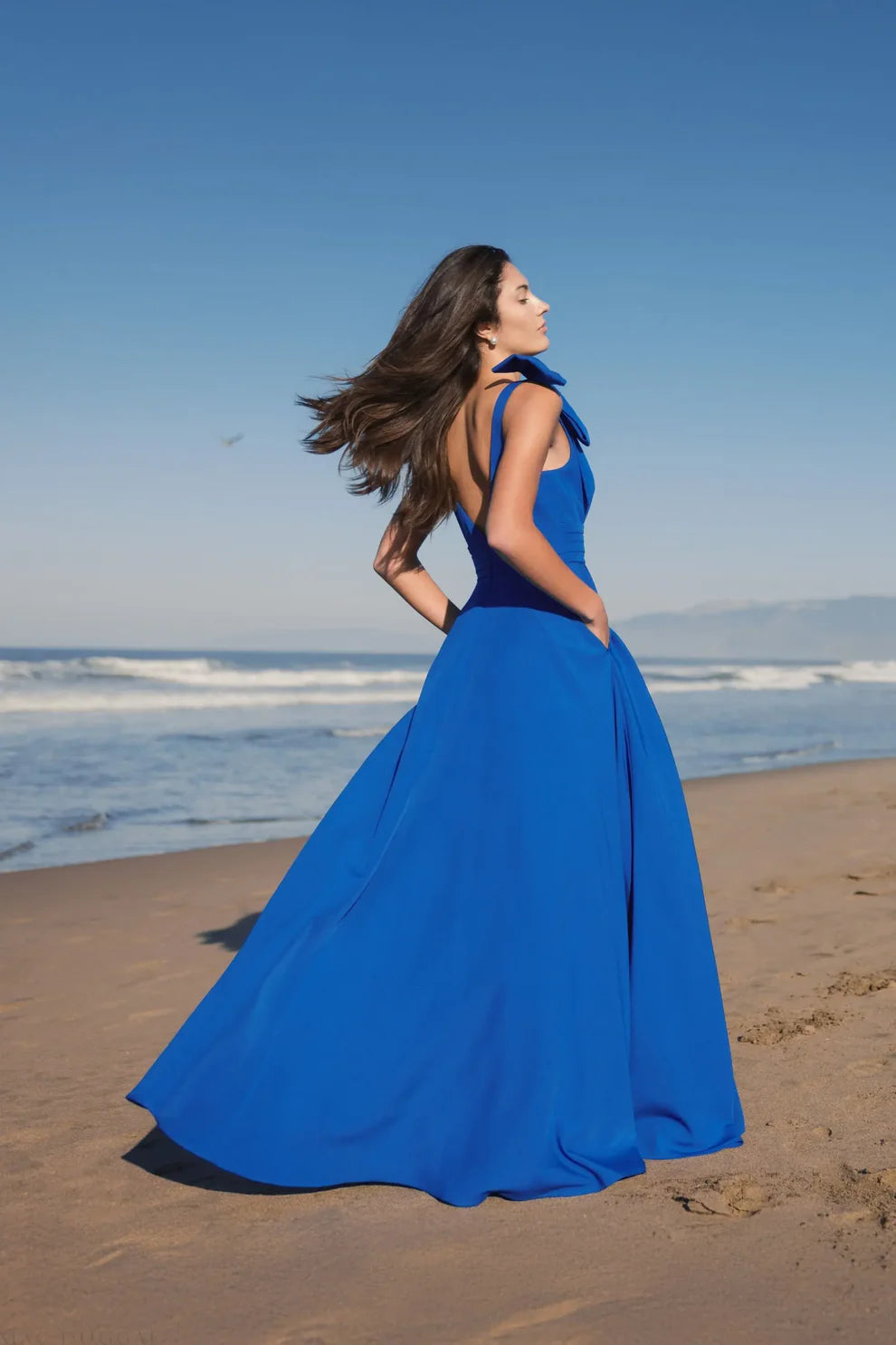 Elegant Voluminous V-Neck Bow Strap Open Back Pocketed Maxi Formal Evening Dress