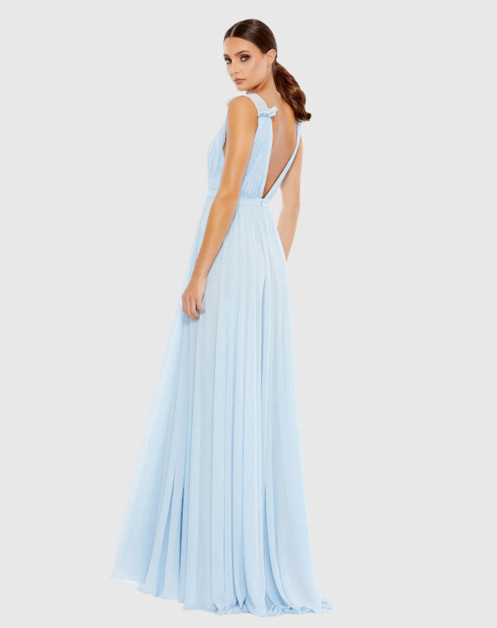 Elegant Flowy Deep V-Neck Ruffle Strap Open Back Chiffon Maxi Formal Evening Dress