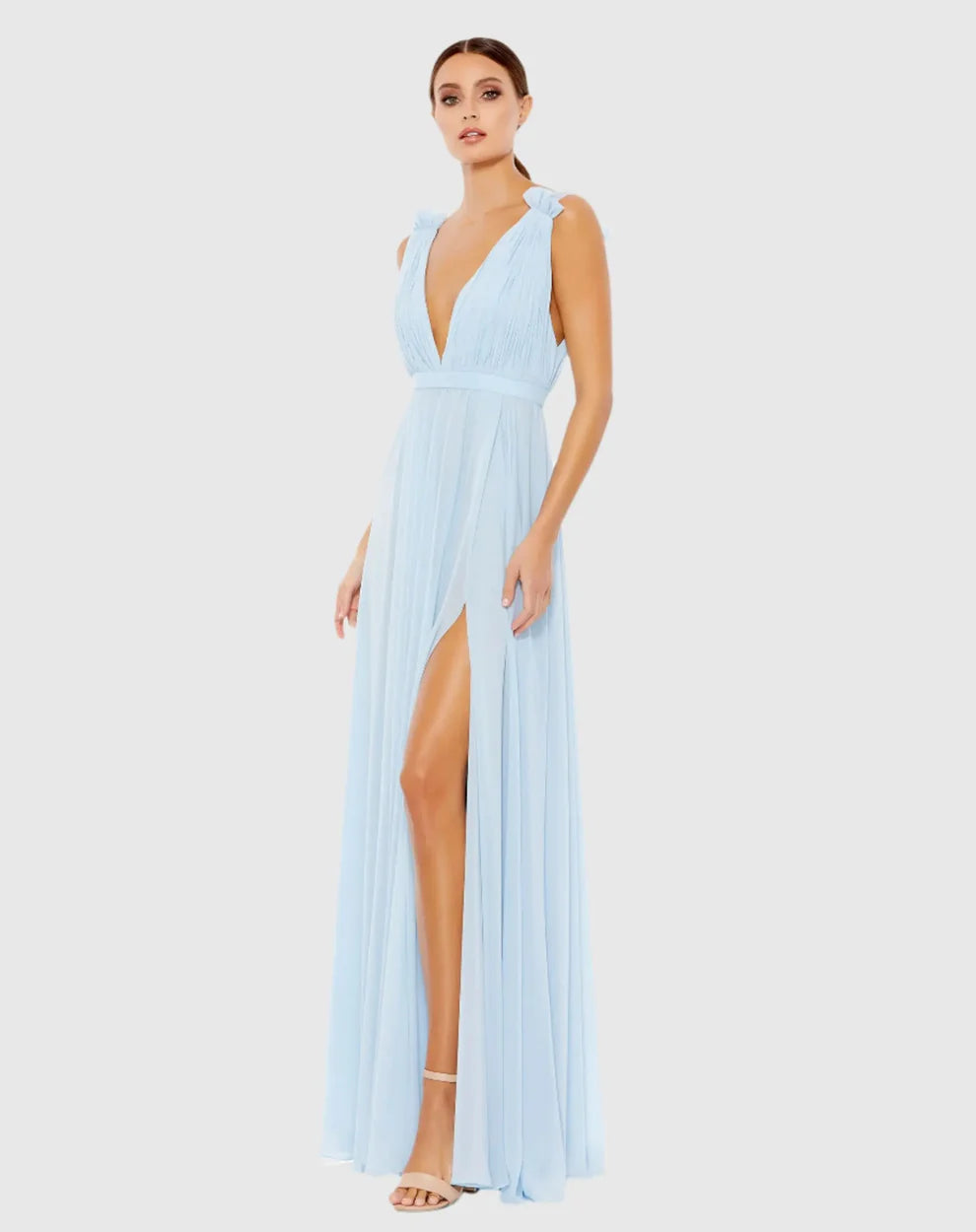 Elegant Flowy Deep V-Neck Ruffle Strap Open Back Chiffon Maxi Formal Evening Dress