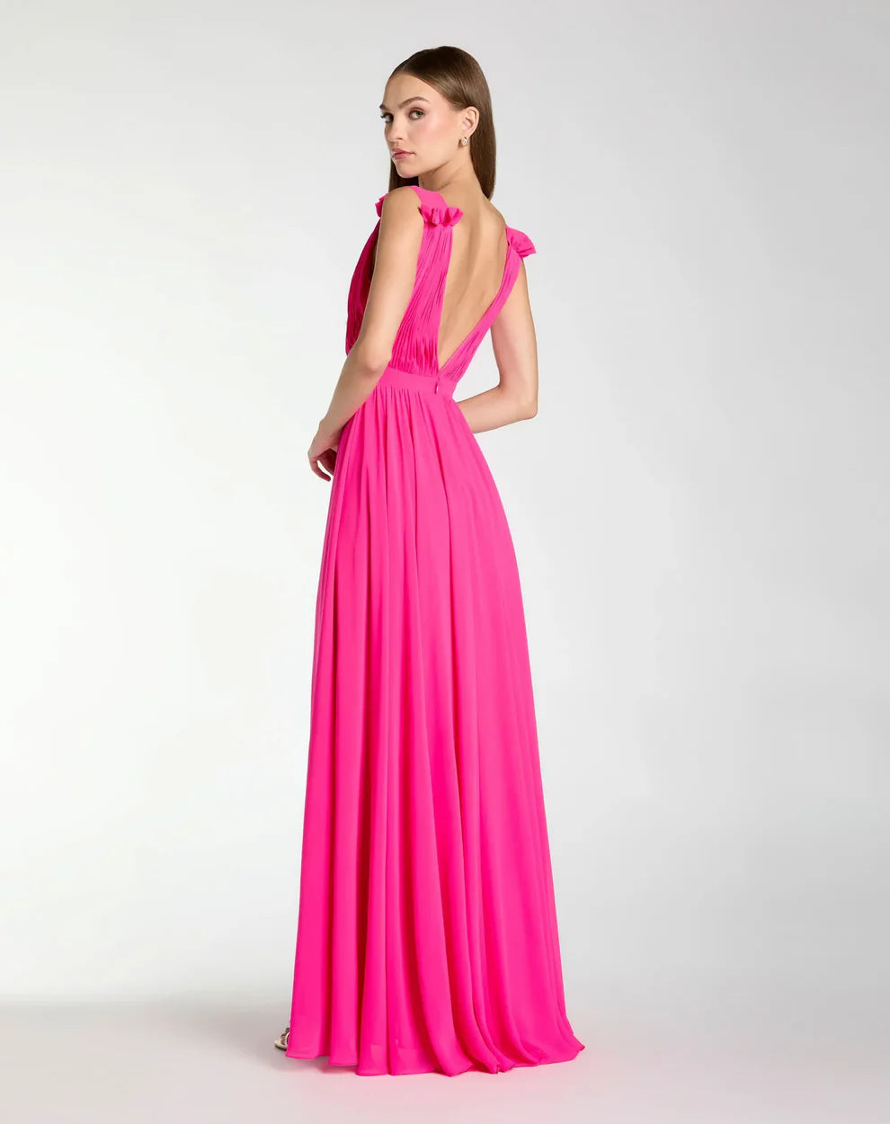 Elegant Flowy Deep V-Neck Ruffle Strap Open Back Chiffon Maxi Formal Evening Dress