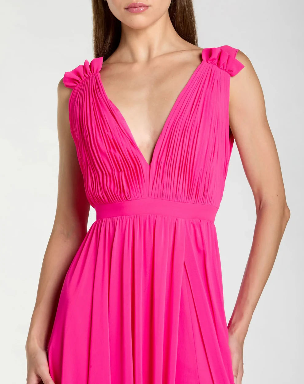 Elegant Flowy Deep V-Neck Ruffle Strap Open Back Chiffon Maxi Formal Evening Dress