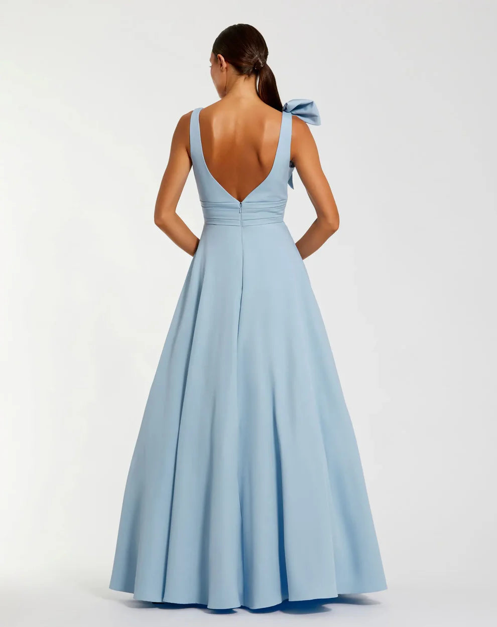 Elegant Voluminous V-Neck Bow Strap Open Back Pocketed Maxi Formal Evening Dress