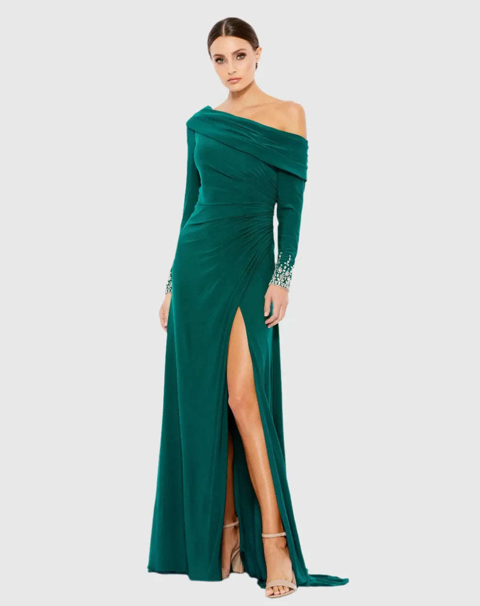 Elegant Form-Fitting One-Shoulder Long Sleeve Beaded Open Back Jersey Maxi Evening Dress