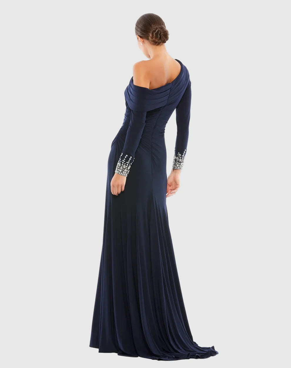 Elegant Form-Fitting One-Shoulder Long Sleeve Beaded Open Back Jersey Maxi Evening Dress