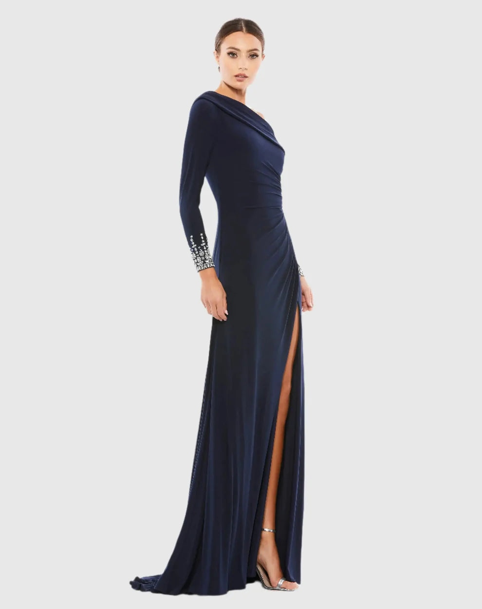 Elegant Form-Fitting One-Shoulder Long Sleeve Beaded Open Back Jersey Maxi Evening Dress