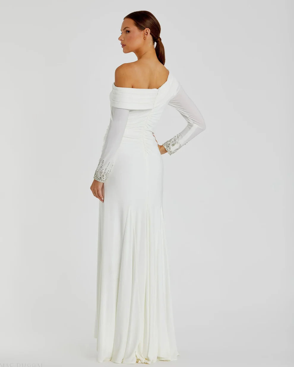 Elegant Form-Fitting One-Shoulder Long Sleeve Beaded Open Back Jersey Maxi Evening Dress