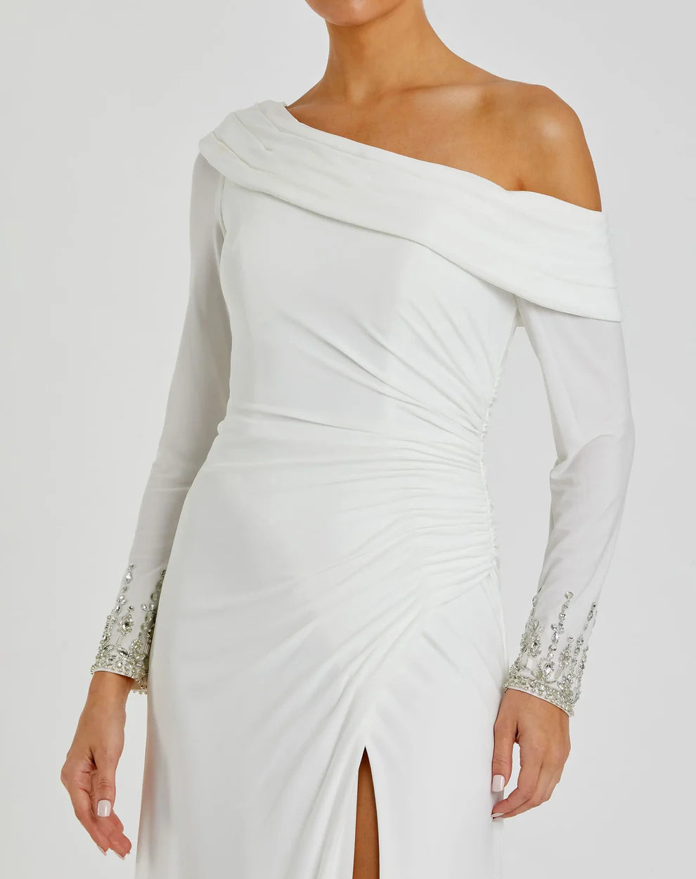 Elegant Form-Fitting One-Shoulder Long Sleeve Beaded Open Back Jersey Maxi Evening Dress