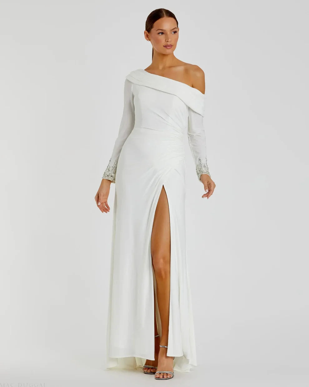 Elegant Form-Fitting One-Shoulder Long Sleeve Beaded Open Back Jersey Maxi Evening Dress
