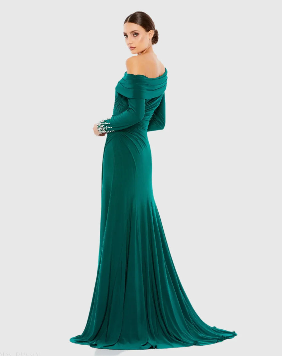 Elegant Form-Fitting One-Shoulder Long Sleeve Beaded Open Back Jersey Maxi Evening Dress