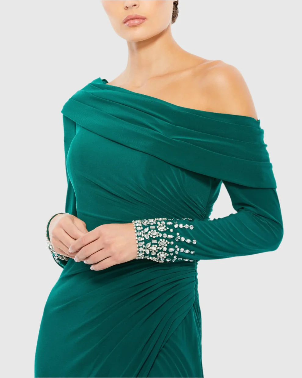 Elegant Form-Fitting One-Shoulder Long Sleeve Beaded Open Back Jersey Maxi Evening Dress