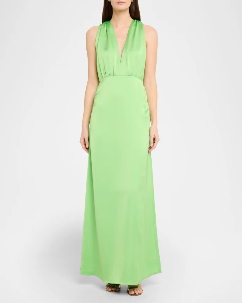Elegant Fresh Lime Green Satin Column Silhouette Deep V-Neck Sleeveless Halter Tie Back Ruched Waist Floor-Length Evening Dress