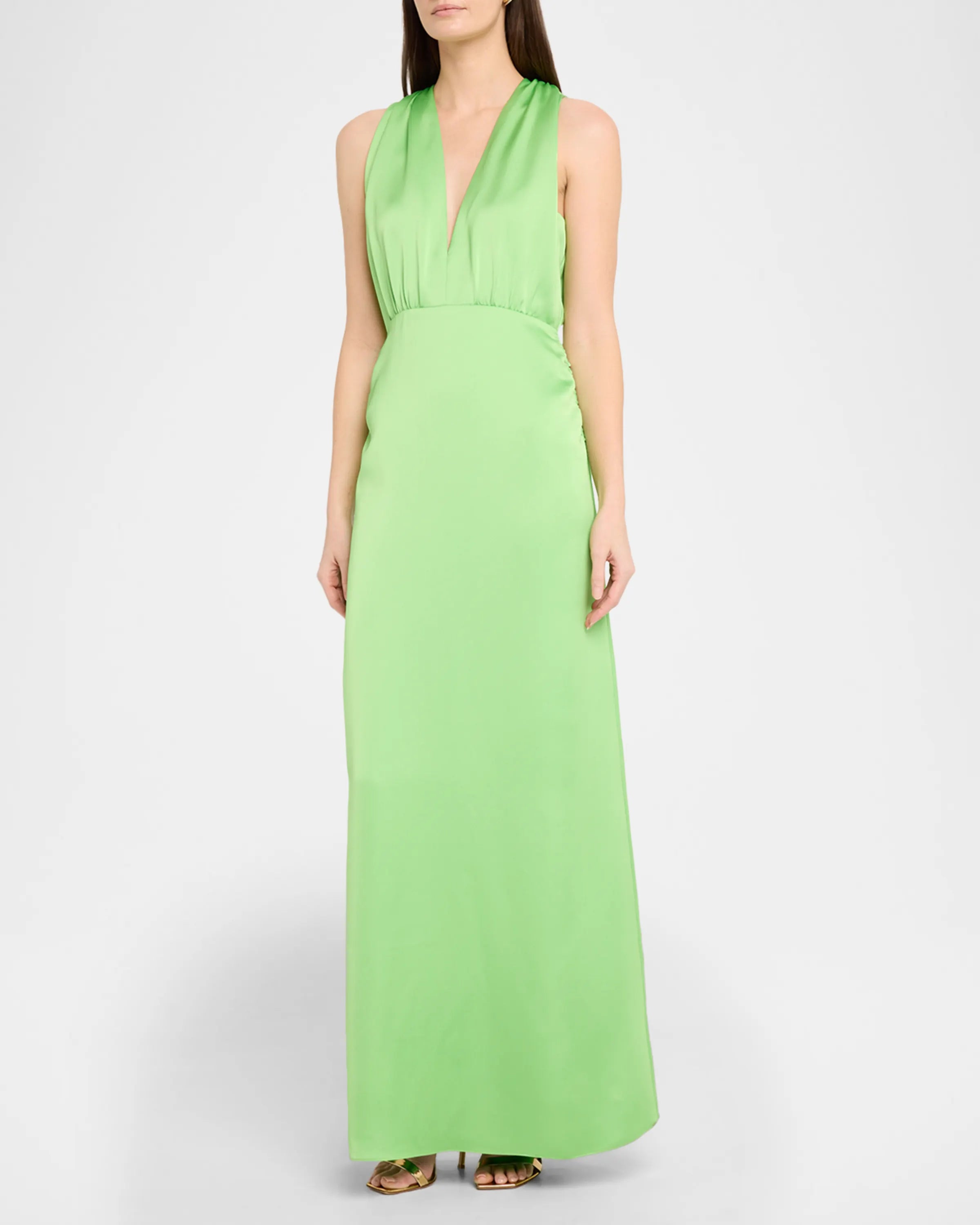 Elegant Fresh Lime Green Satin Column Silhouette Deep V-Neck Sleeveless Halter Tie Back Ruched Waist Floor-Length Evening Dress